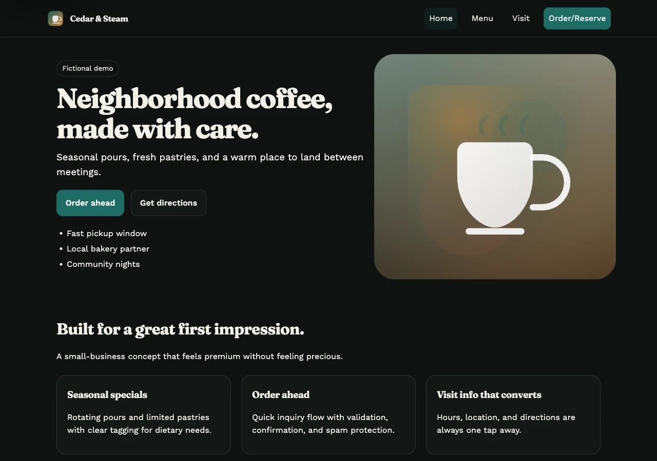 Cedar & Steam website preview