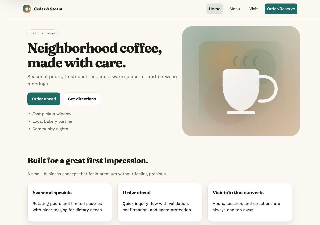 Cedar & Steam website preview