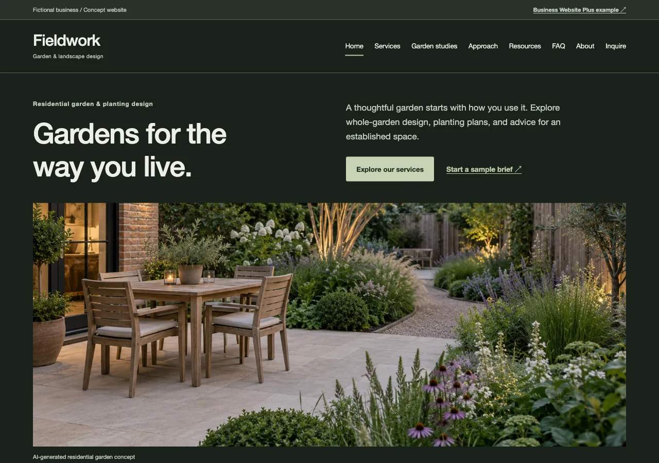 Fieldwork’s restrained residential landscape website with garden photography and practical design services