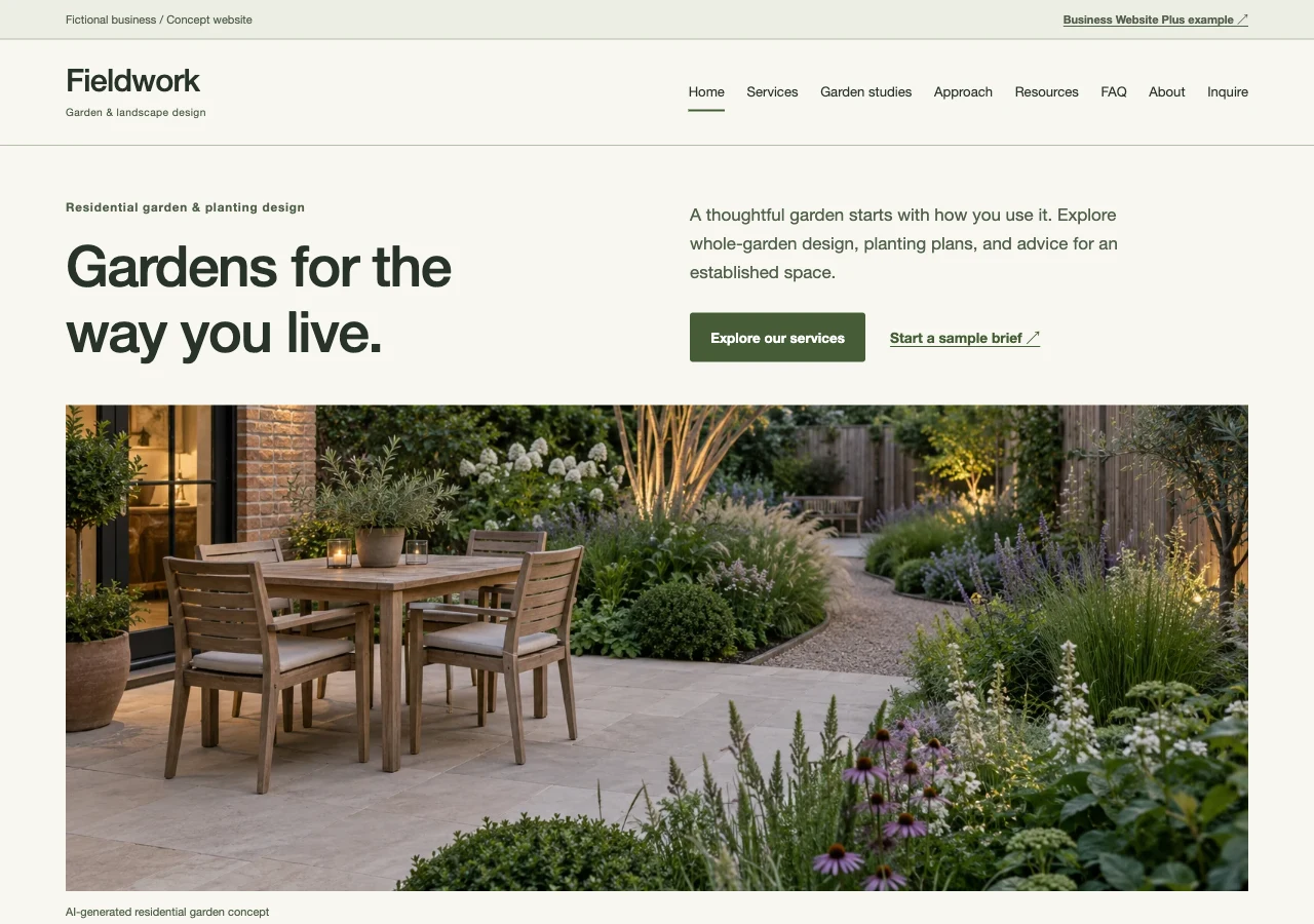 Fieldwork’s restrained residential landscape website with garden photography and practical design services