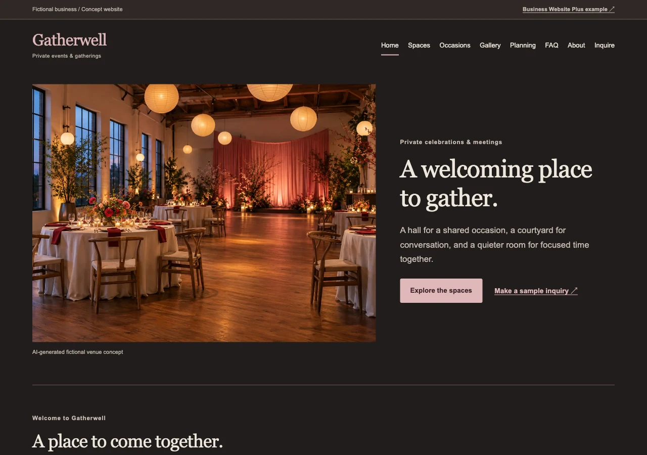 Gatherwell event-venue website with room photography and clear planning information