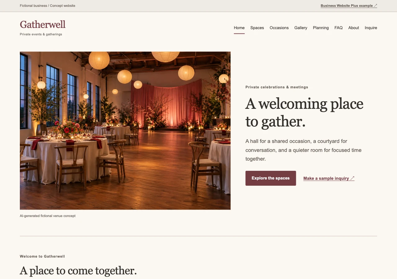 Gatherwell event-venue website with room photography and clear planning information