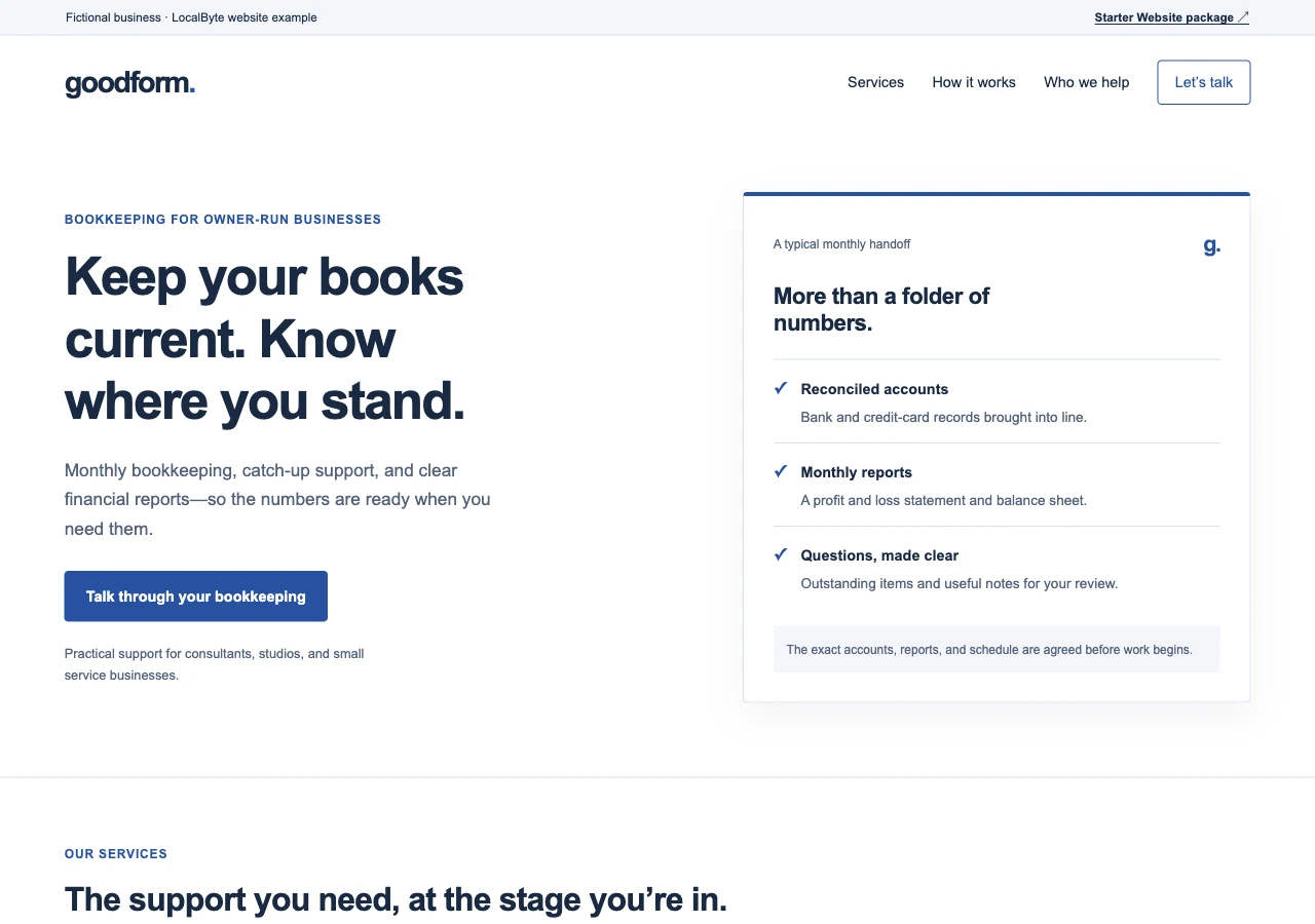 Goodform bookkeeping website with a clear service offer and monthly deliverables