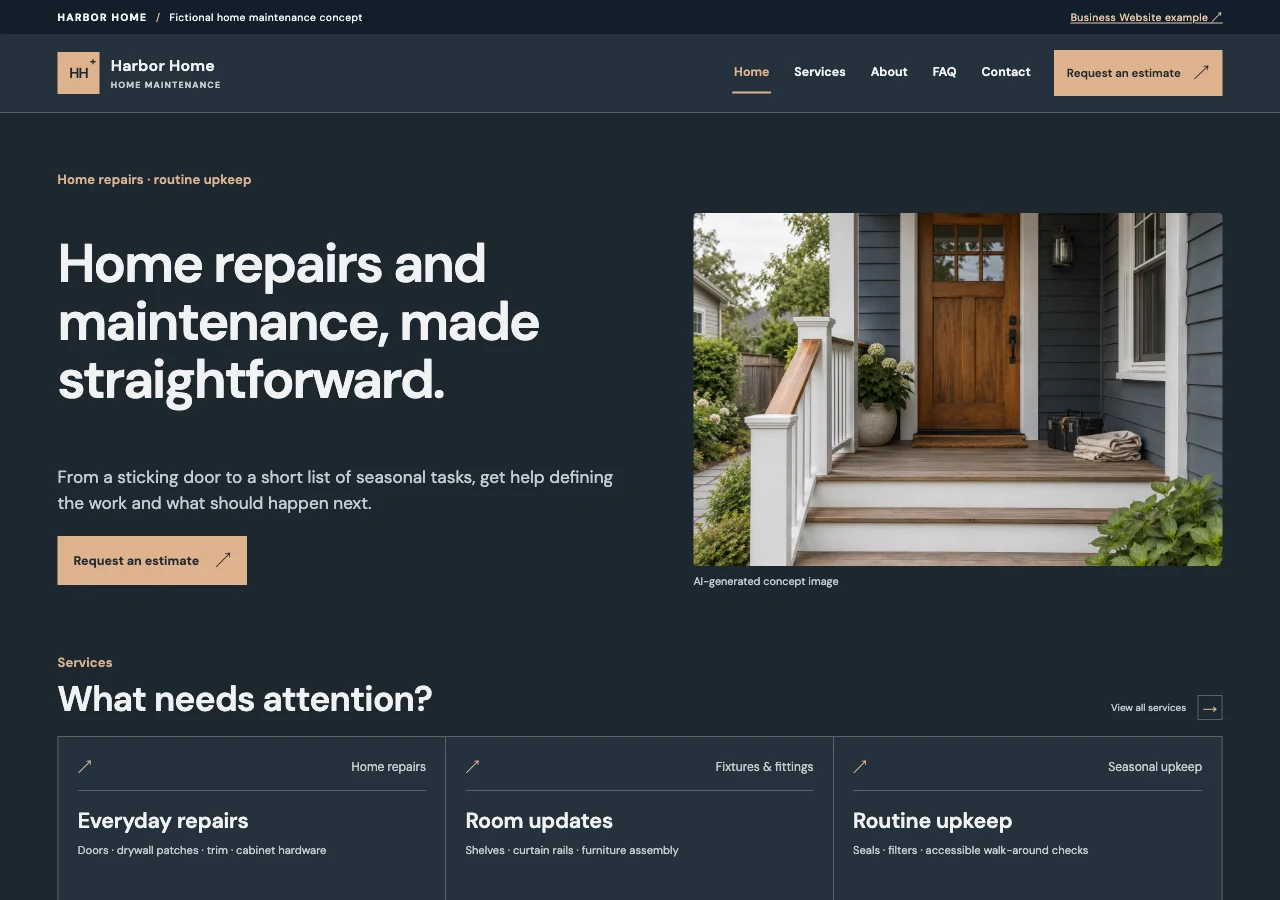 Harbor Home home-services website preview with a porch photo and practical service choices