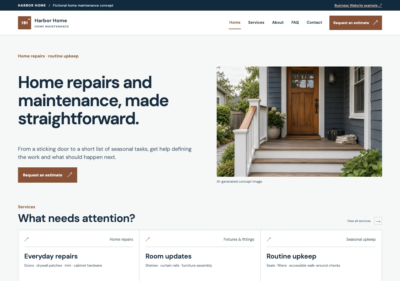 Harbor Home home-services website preview with a porch photo and practical service choices
