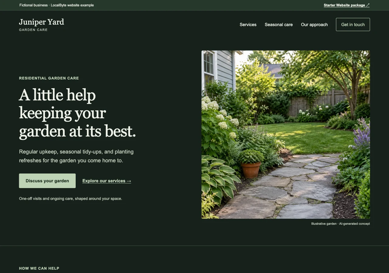 Juniper Yard garden-care website with a residential garden photograph