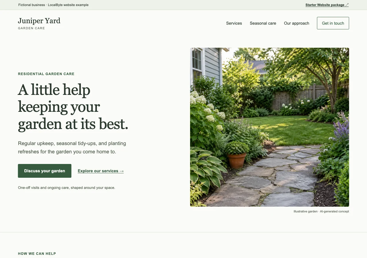 Juniper Yard garden-care website with a residential garden photograph