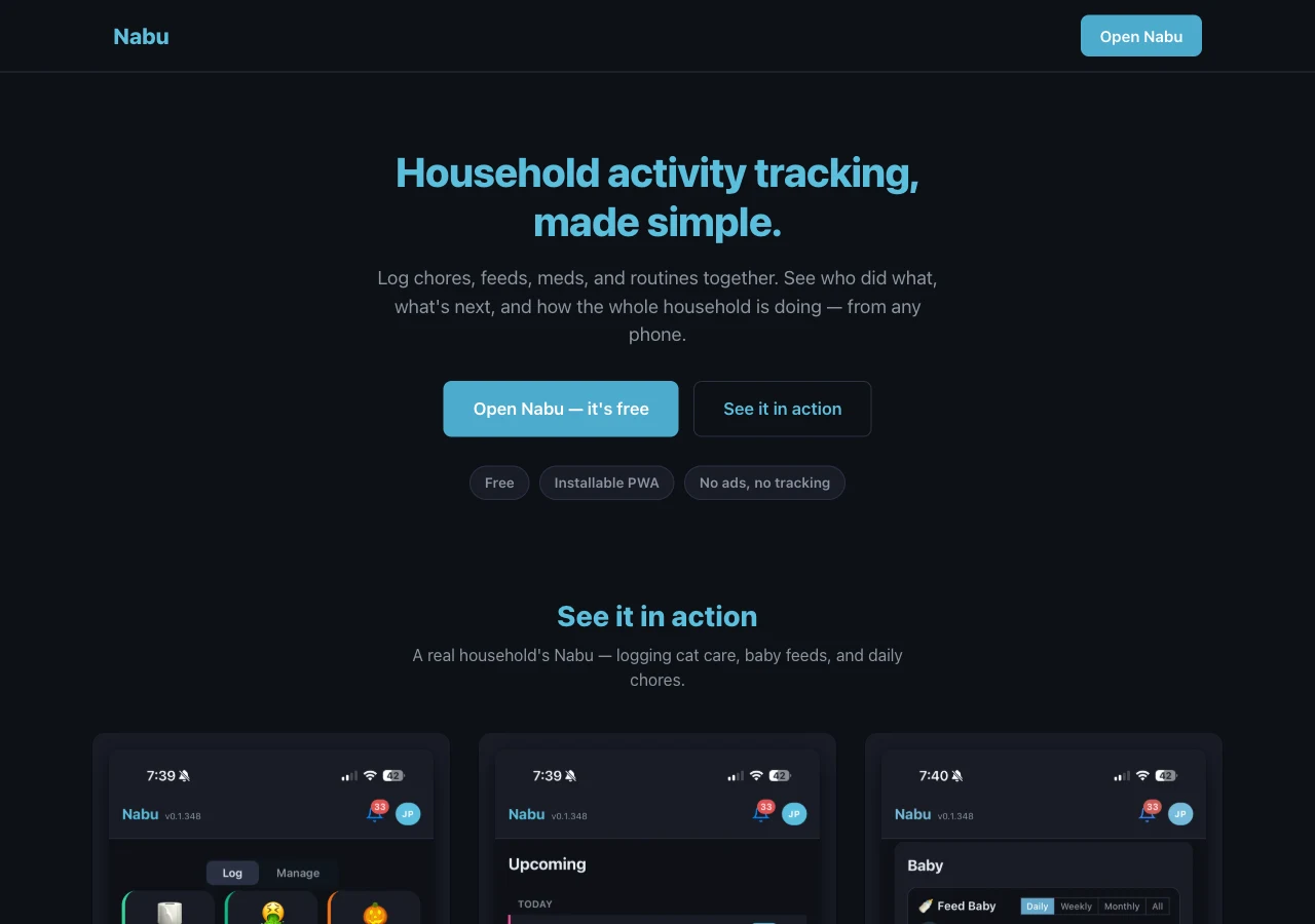 Nabu app homepage introducing shared household activity tracking