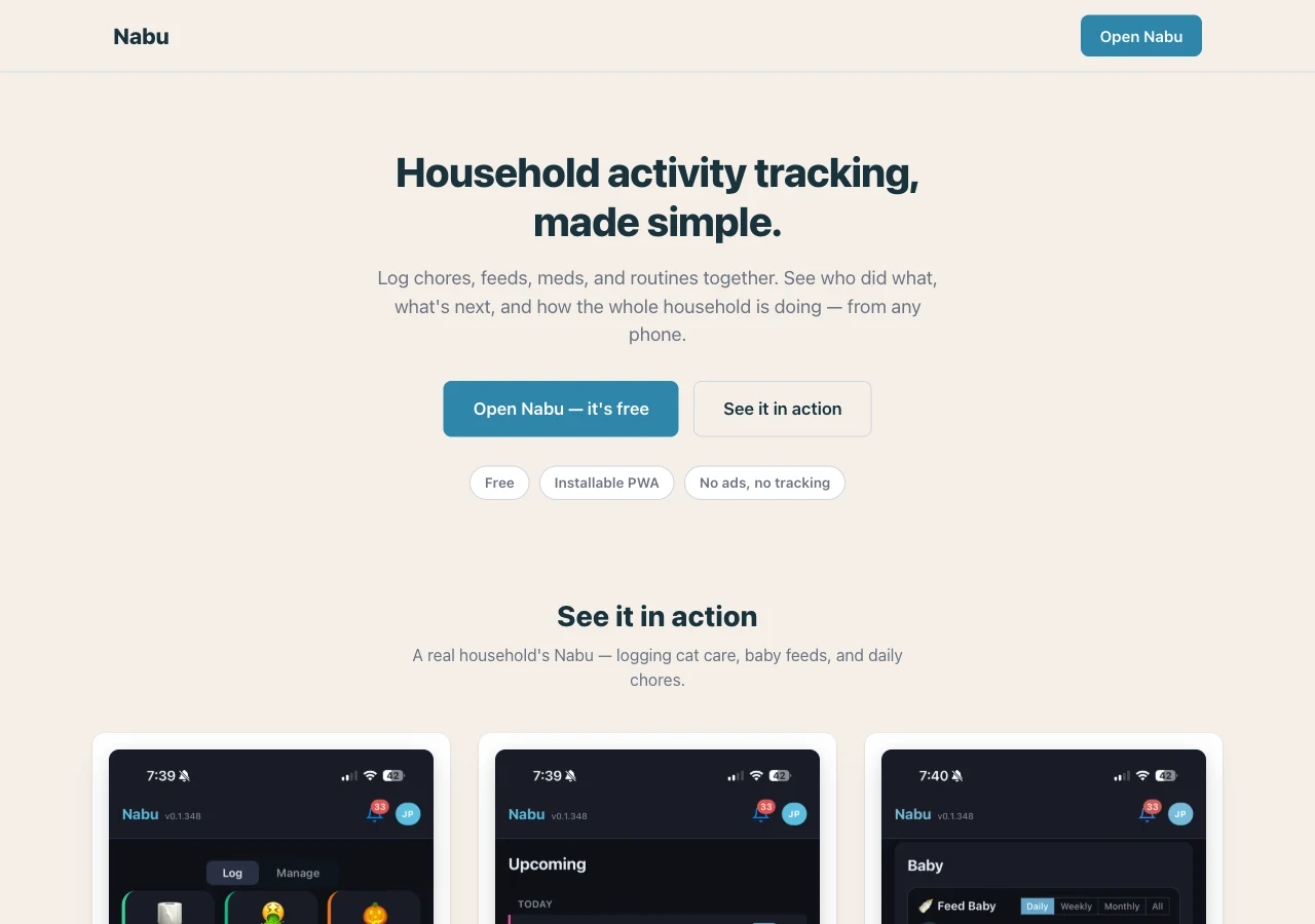 Nabu app homepage introducing shared household activity tracking