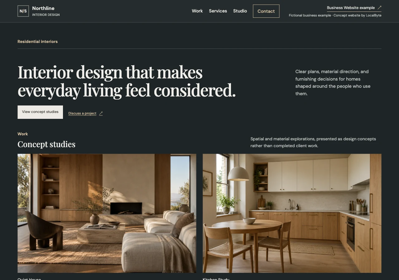 Northline Studio’s residential interiors website with warm concept photography and clear studio navigation