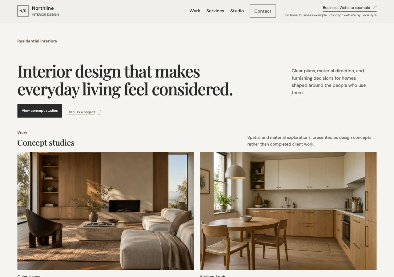 Northline Studio’s residential interiors website with warm concept photography and clear studio navigation