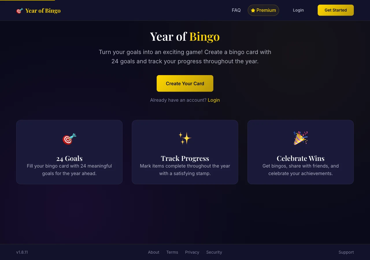 Year of Bingo app homepage with goal tracking and a create-your-card action