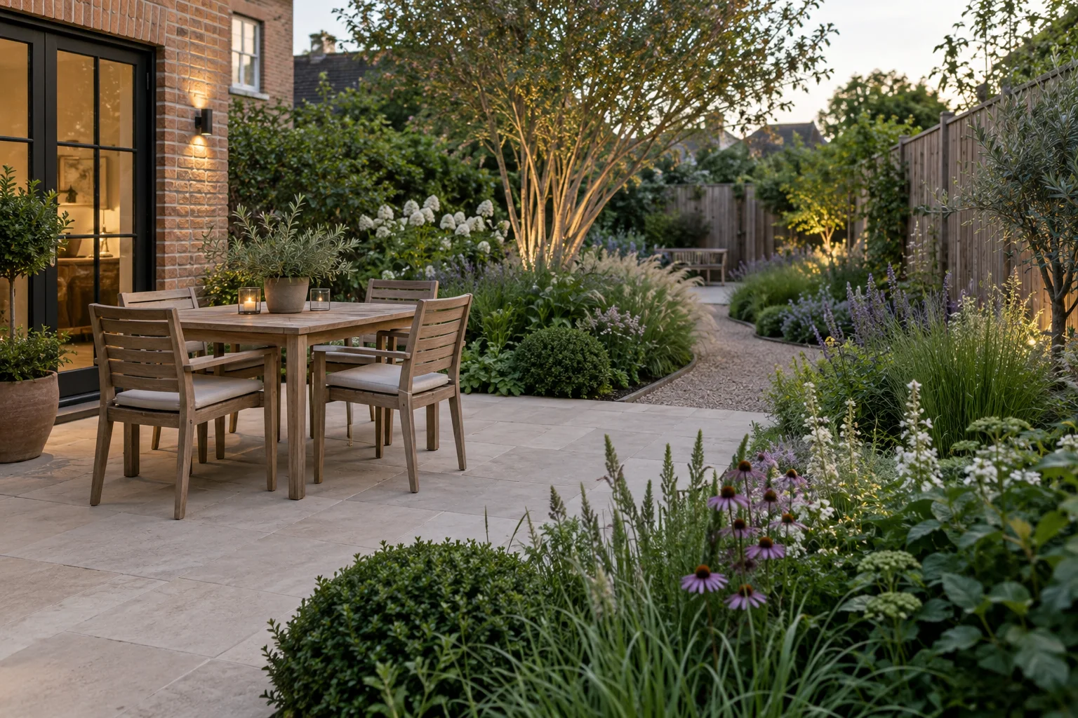 AI-generated residential garden with a limestone terrace, outdoor table and layered planting