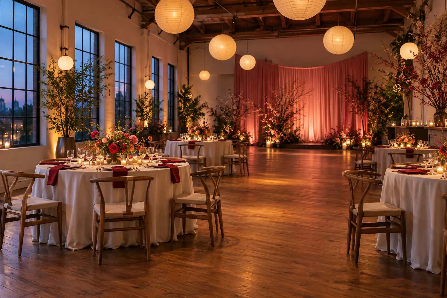 AI-generated fictional event hall with round tables and warm evening lighting