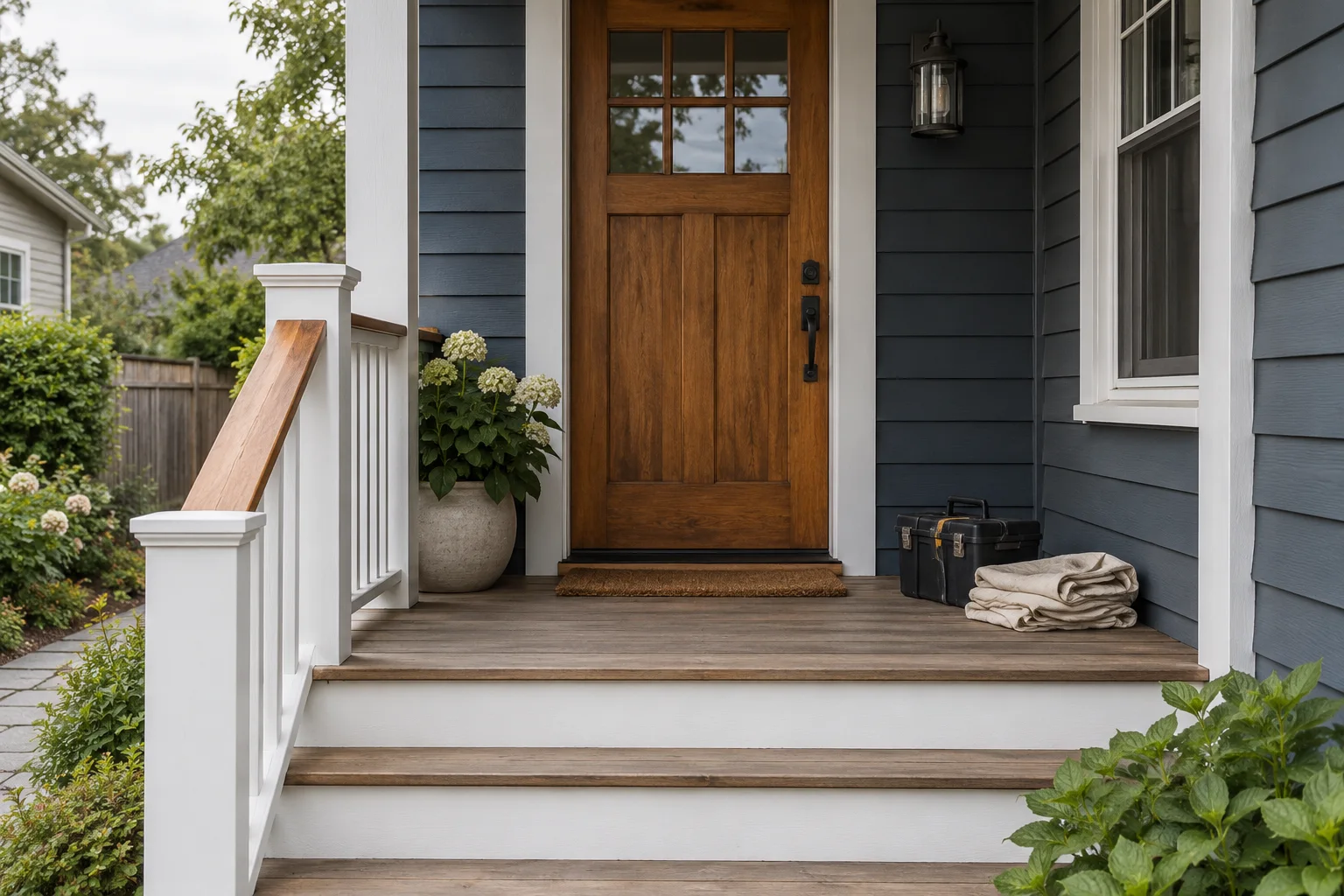 An oak entry door beside navy siding and white porch rails, with a small toolbox and folded cloth ready for home maintenance.
