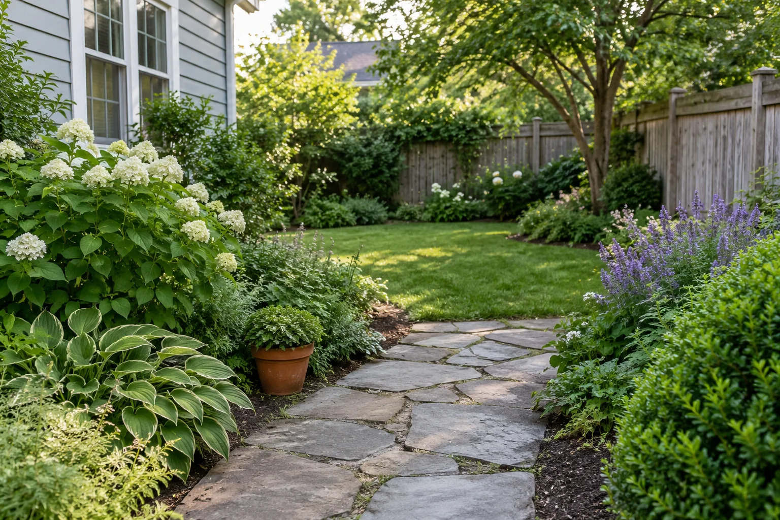 A small residential garden with tended planting borders and a simple path