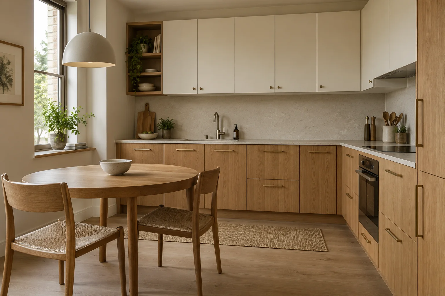 Kitchen with warm oak lower cabinets, off-white upper cabinets, a pale stone counter, and a round dining table with two chairs in natural window light.
