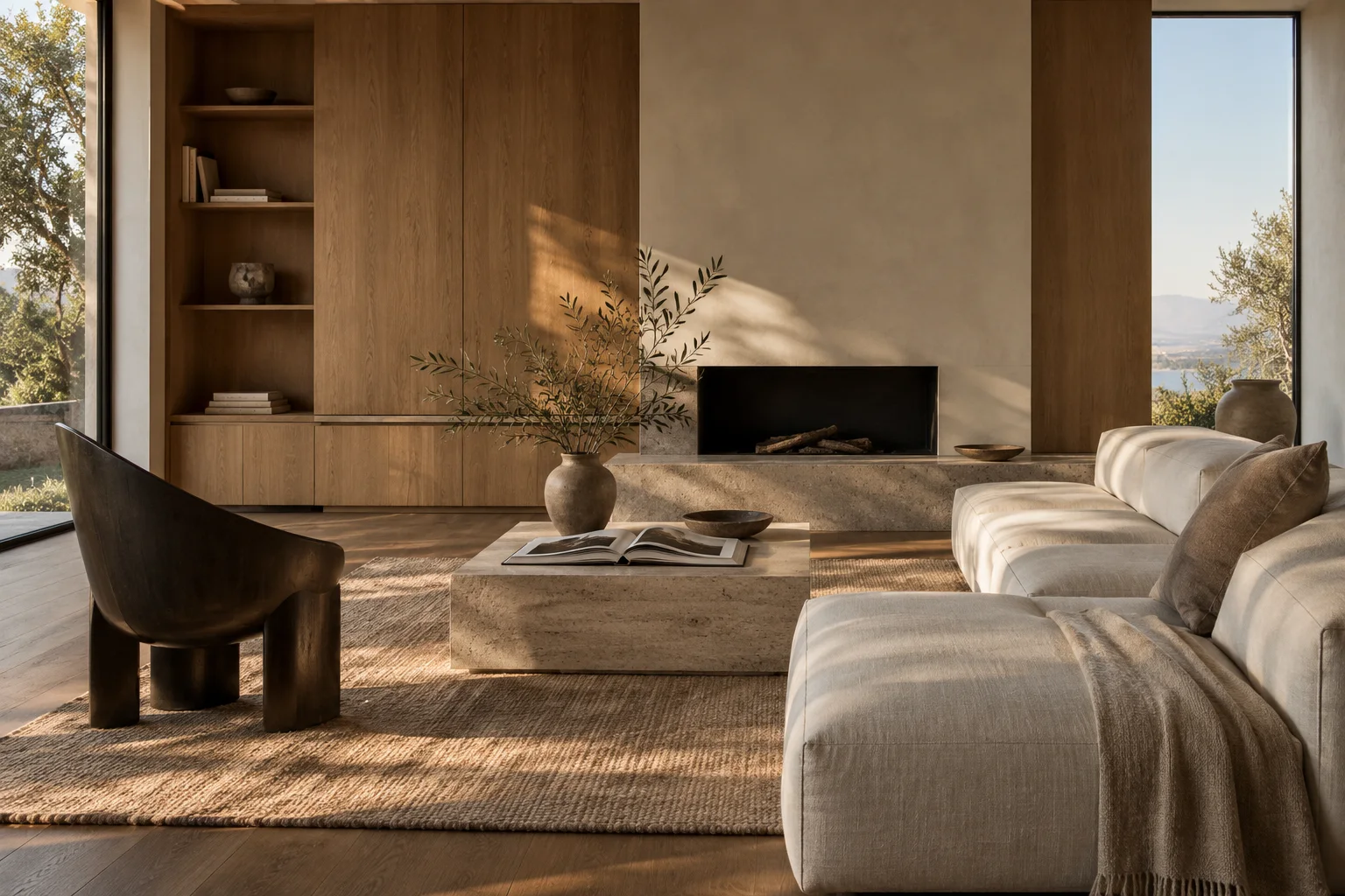 Concept living room with pale oak cabinetry, a low stone fireplace, tall windows, a woven rug, and a sculptural chair.